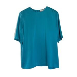 Vintage JAEGER 100% silk turquoise blue short sleeve blouse